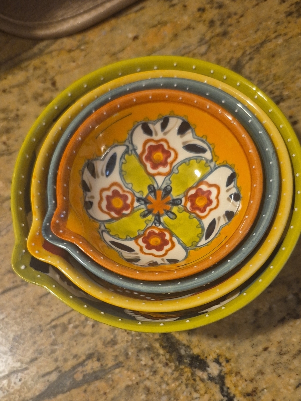 Bird Logo Floral Ceramic Nesting Bowls — Yellow & Green Accents